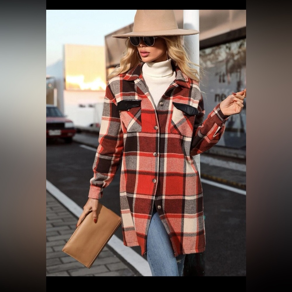 Plaid Print Drop Shoulder Flap Pocket Shacket